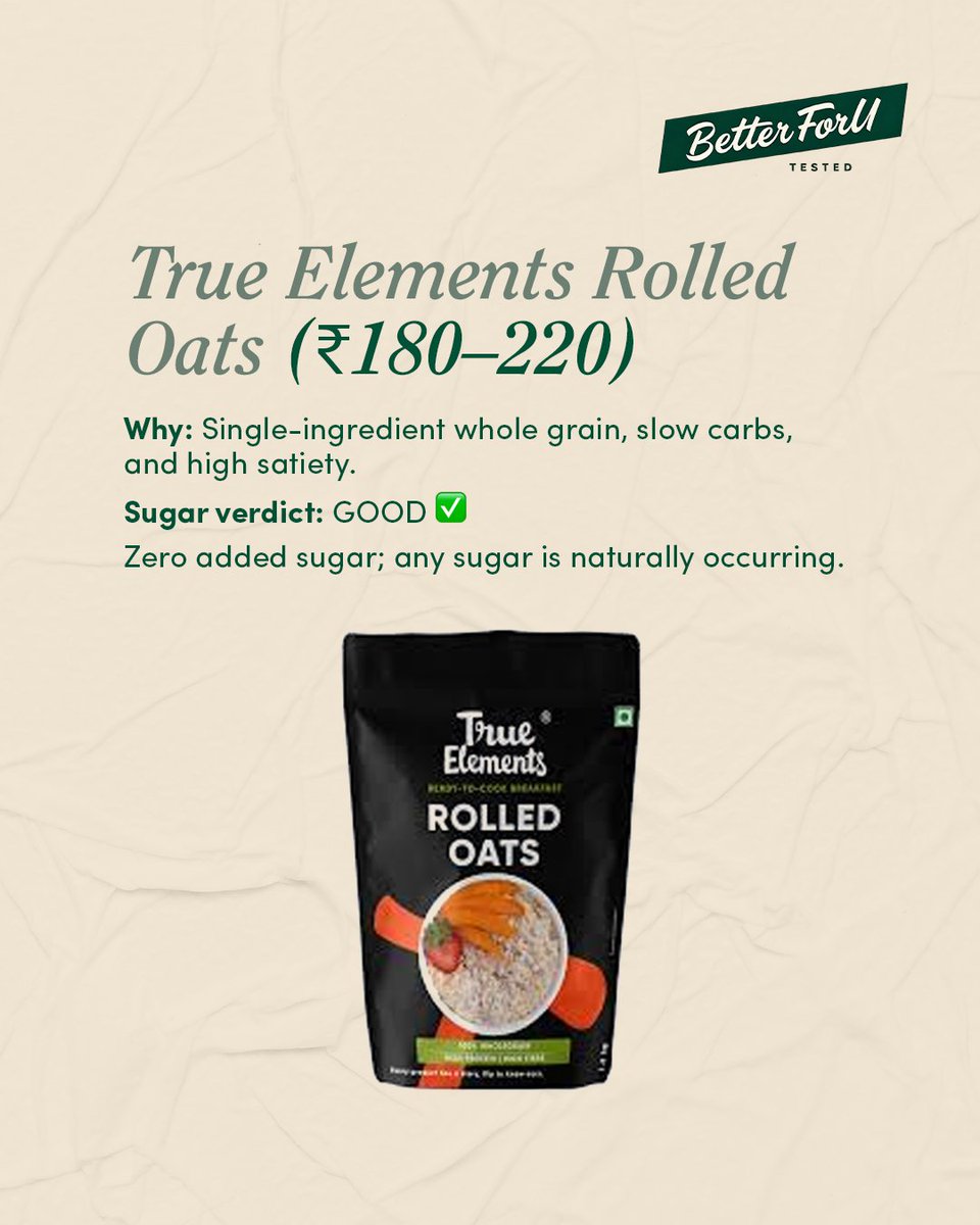 BetterforuTestd's tweet photo. Affordable snacks can work — but only if you read past the front label.

This list shows how different categories behave once you check sugar sources and processing.

What stands out here:

✅ Yogurt → sugar mostly from milk
✅ Oats → zero added sugar, high satiety https://t.co/TYRFi3js4D