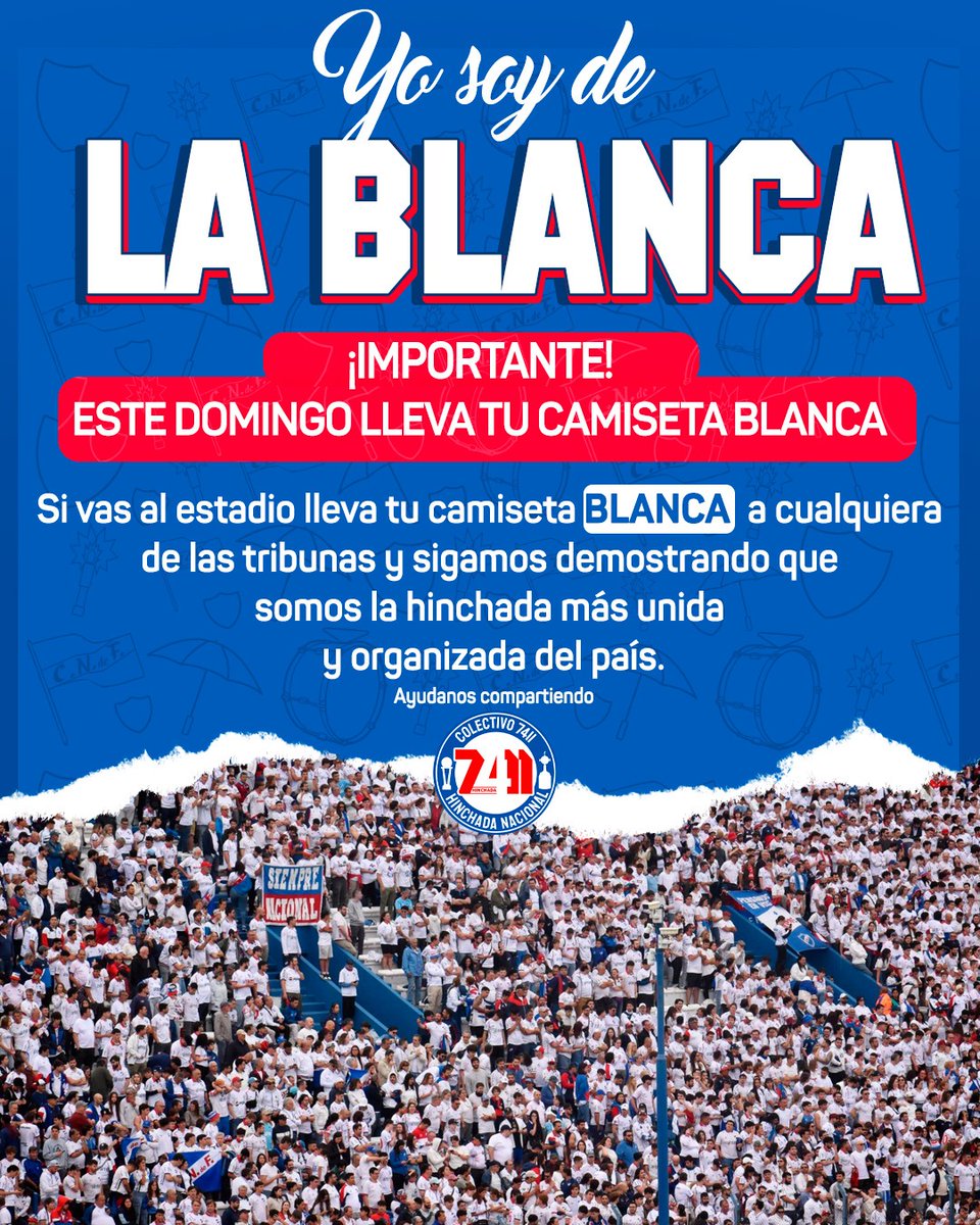 ESTE DOMINGO TODOS CON LA BLANCA! 
Si vas al estadio sumate a la movida de la hinchada y lleva tu camiseta blanca, a pesar de las restricciones el color se lo pone papá.
Sigamos demostrando que somos la hinchada mas unida y organizada del país.