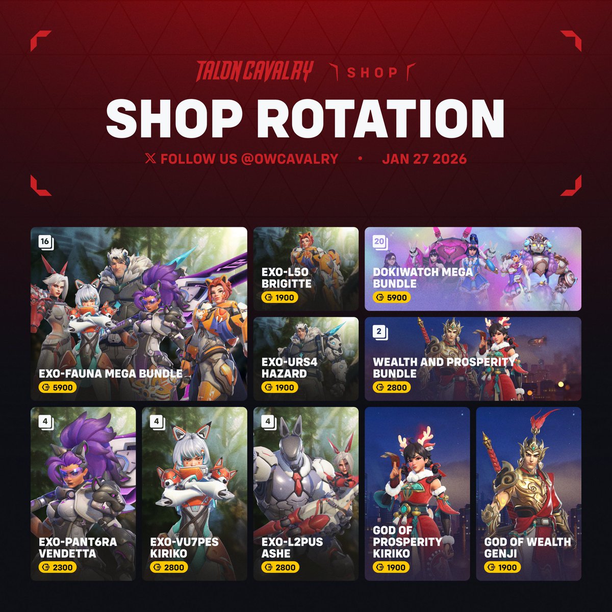 New #Overwatch2 Shop Rotation 🛍️

They're finally here! Pick up the Exo-Fauna Mega Bundle for 5900 Coins, or the Wealth and Prosperity skins for 2800!

🛒 Available in-game or online now.