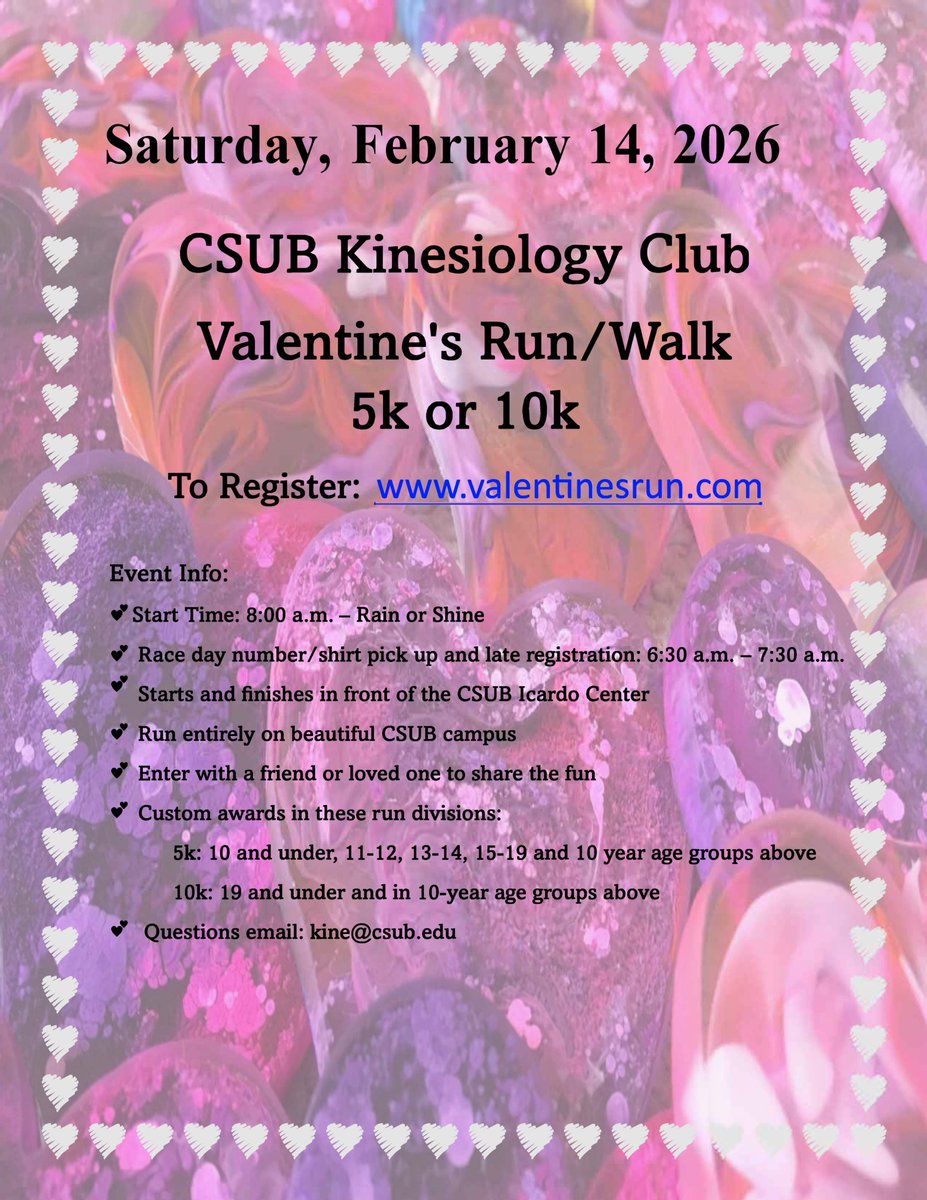 CSUB_KINES's tweet photo. Experience a flat and fast 5k/10k course on the beautiful CSUB campus! Compete for custom awards for age group categories. Join us Saturday February 14th! https://t.co/cWe5L24JsT