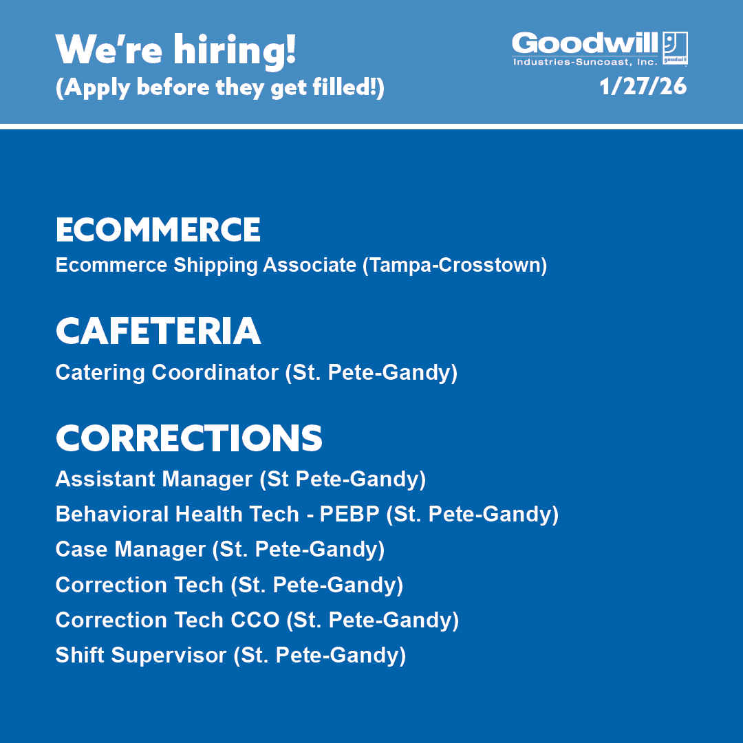Join the Goodwill-Suncoast family and turn your workday into a mission. We’re hiring for roles that offer amazing benefits and plenty of room to grow, all while making a tangible difference in our community. Click the link to find out more! ow.ly/MT0U50Y4ul1