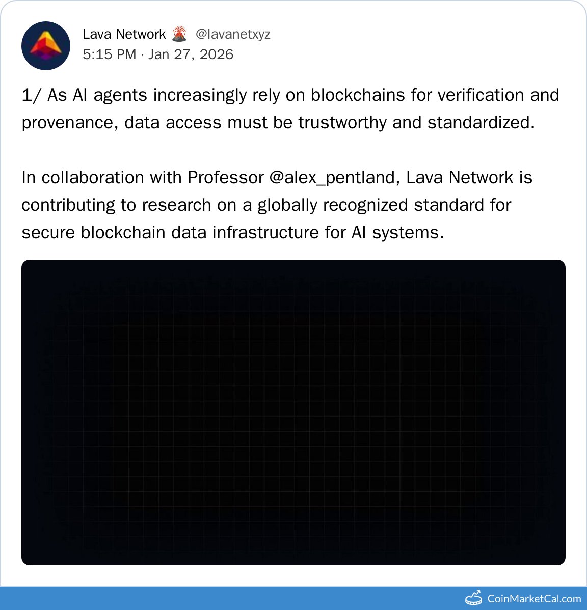 🆕 New Lava Network $LAVA event! 
 
27 Jan 2026 
AI Data Infra Research  
 
Source: coinmarketcal.com/en/event/ai-da…