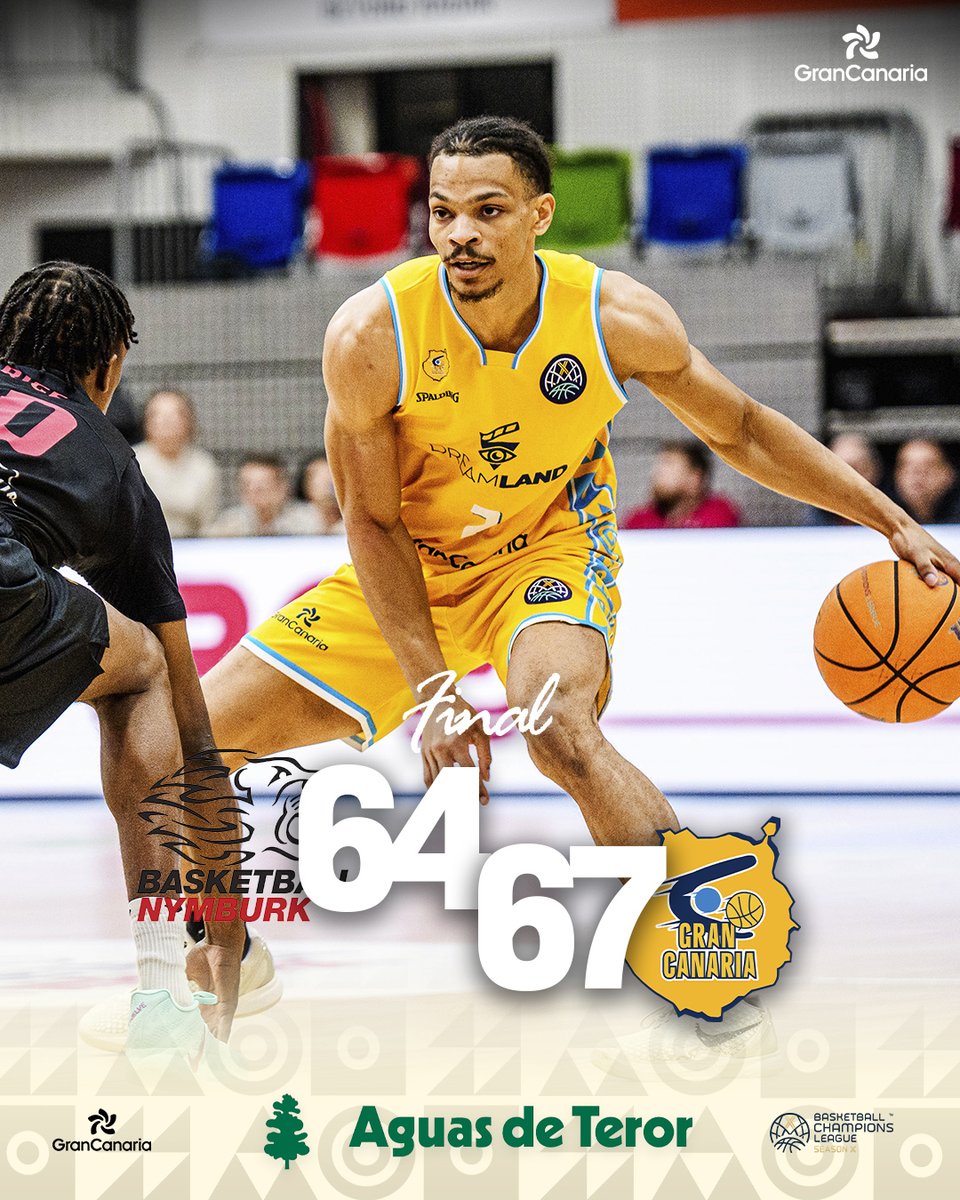 GranCanariaCB's tweet photo. 🏀 Final:  

⚫️ ERA Nymburk 64
🐥 Dreamland Gran Canaria 67

🔥 #VamosGranca | @BasketballCL https://t.co/JdJpaEhfw0