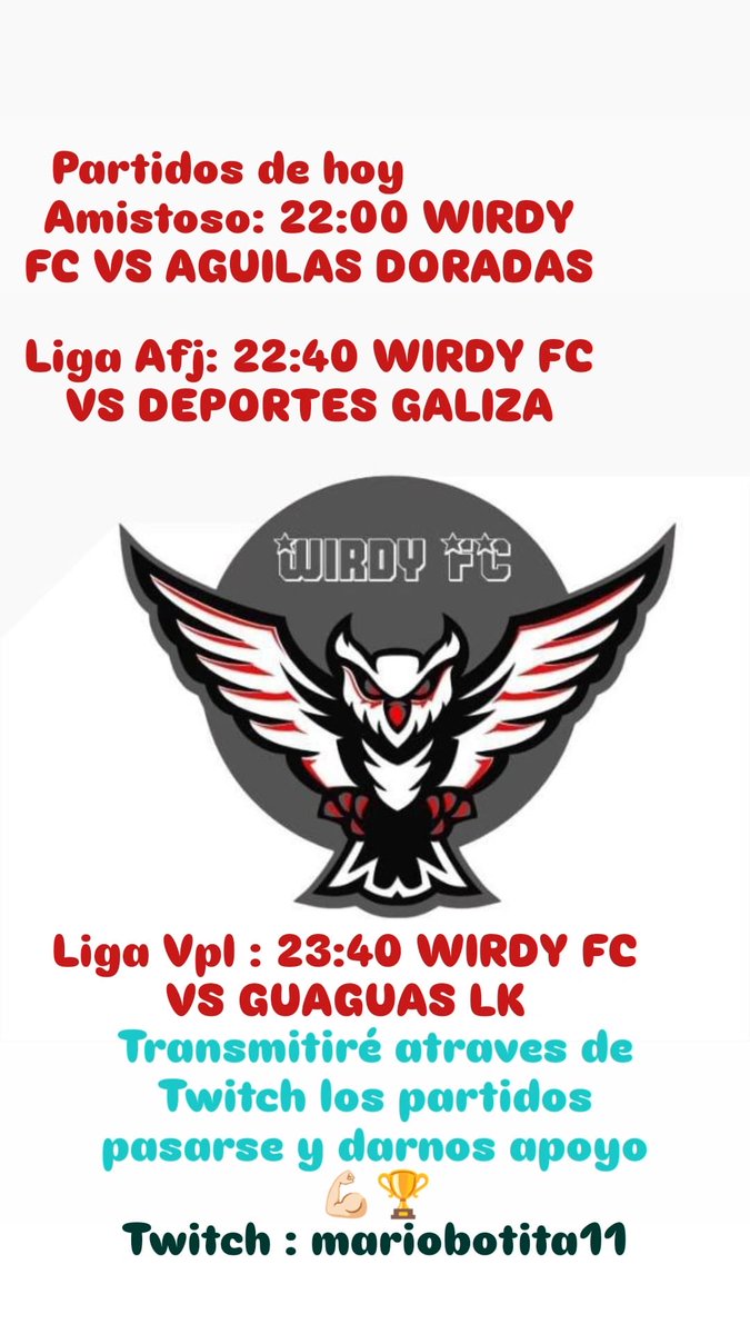 Vamos a por la siguiente jornada!!!
22:40 vs DEPORTES GALIZA 
23:40 vs GUAGUAS LK

Todo será retransmitido desde el Twitch de <a href="/BotitaMario/">MARIO botita</a> (mariobotita11)

A POR TODAS EQUIPO!!!!