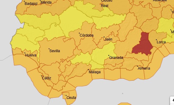 Mañana miércoles se agrava la meteo en Andalucía: 
🔴 Aviso rojo por viento en Valle del Almanzora y Los Vélez en #Almería
🟠 Naranjas y Amarillos en el resto de la región 
⚠️ Extrema precaución y sigue #consejosEMA112 

Gestionadas ya casi 800 incidencias hoy #BorrascaJoseph
