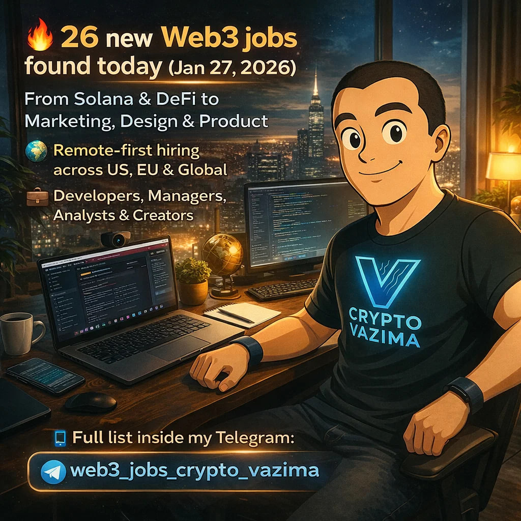 🔄 26 fresh Web3 jobs found today (Jan 27, 2026): 💬 Community Moderator —  Remote (Global) | $1,000/month | Full-time freelance | Discord & Telegram  moderation | https://t.co/WQTnMzekf3 📦 Product Manager —