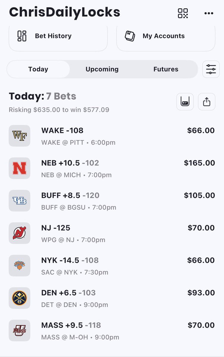 ChrisDailyLocks's tweet image. 7 picks for today NCAAB/NBA I will have some tennis picks later in the night so make sure to tap on

Wake Forest ML

Nebraska +10.5

Buffalo +8.5

New Jersey Devils ML

New York Knicks -14.5

Denver Nuggets +6.5

Massachusetts +9.5