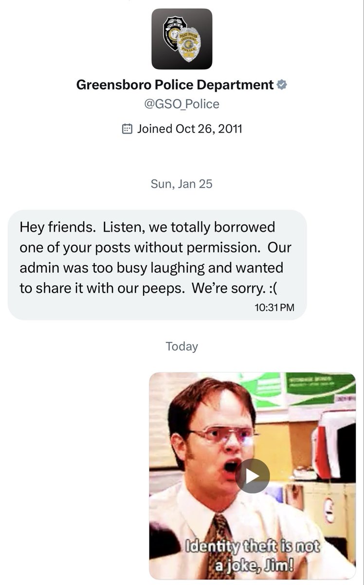 <a href="/GSO_Police/">Greensboro Police Department</a> slid into our DM’s to apologize for stealing one of our tweets. 

WE DO NOT CARE. Just make people laugh. We need a little more of that. #LMPD