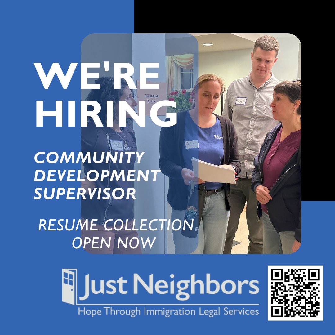 📢 We’re hiring!
Just Neighbors seeks a Community Development Supervisor to expand our fundraising, outreach &amp; communications.

📩 Apply: erin@justneighbors.org
📝 Subject: Community Development Supervisor
🔗 justneighbors.org/careers/

#Hiring #NonprofitJobs #ImmigrantJustice