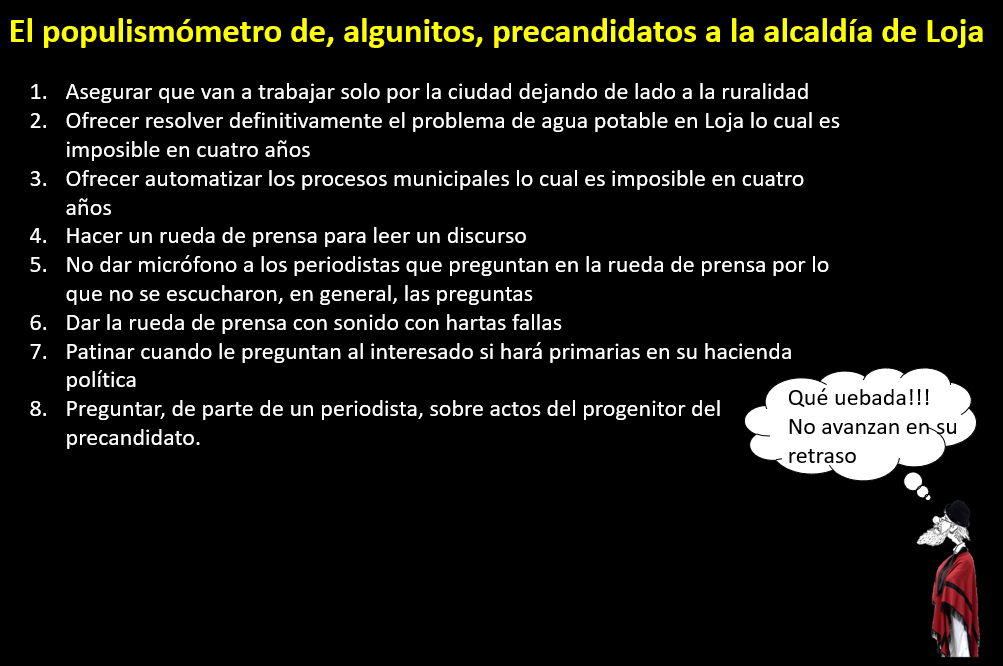 Desde Loja

El populismómetro de, algunitos, precandidatos a la alcaldía de Loja

Asegurar que van a trabajar solo por la ciudad dejando de lado a la ruralidad

Ofrecer resolver definitivamente el problema de agua potable en Loja lo cual es imposible en cuatro años

Ofrecer