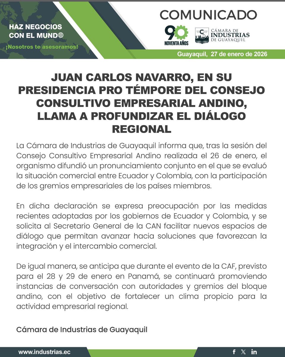 Compartimos el  llamado del presidente pro témpore del Consejo Consultivo Empresarial Andino, Juan Carlos Navarro, a fortalecer el diálogo entre Ecuador y Colombia.
El Consejo expresó su preocupación por las medidas recientes de ambos gobiernos e instó a la CAN a abrir espacios