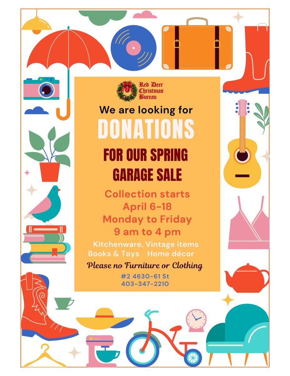 RdChristmas's tweet photo. We are starting to collect donations on April 6-18 for our SPRING garage sale ! Please call the bureau and leave a message for drop off if these dates don’t work for you at 403-347-2210. Thank you https://t.co/HPcKBj3k25
