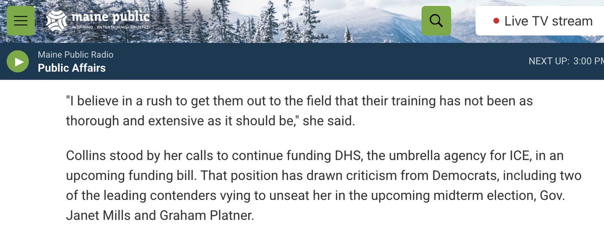American_Bridge's tweet image. Susan Collins: ICE is not properly trained.

Also Susan Collins: Let’s increase ICE's funding right now.

After 30 years, it’s clear that Susan Collins is out of touch with Maine. #mesen #mepolitics