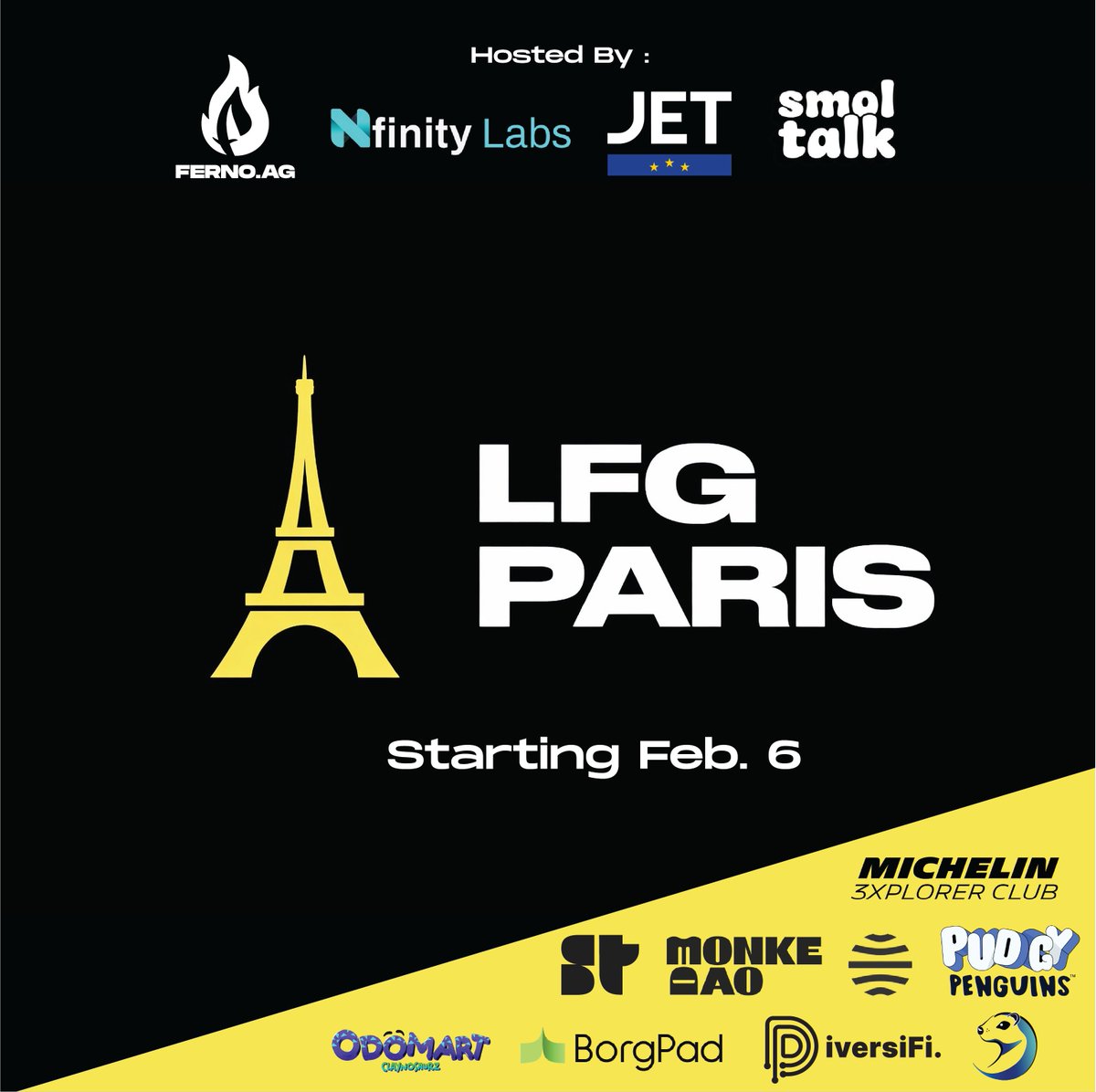 Here we go : LFG Paris is starting on February 6 🔥

Brought to you by a few <a href="/MonkeDAO/">MonkeDAO🍌</a> chads and a bunch of <a href="/solana/">Solana</a> degens, not one but two events :

- A giant mixer party with <a href="/NfinityLabs/">Nfinity Labs</a> &amp; <a href="/smoltalk/">SMOLTALK</a>  in a luxurious parisian venue, with awesome guests &amp; partners, fine french