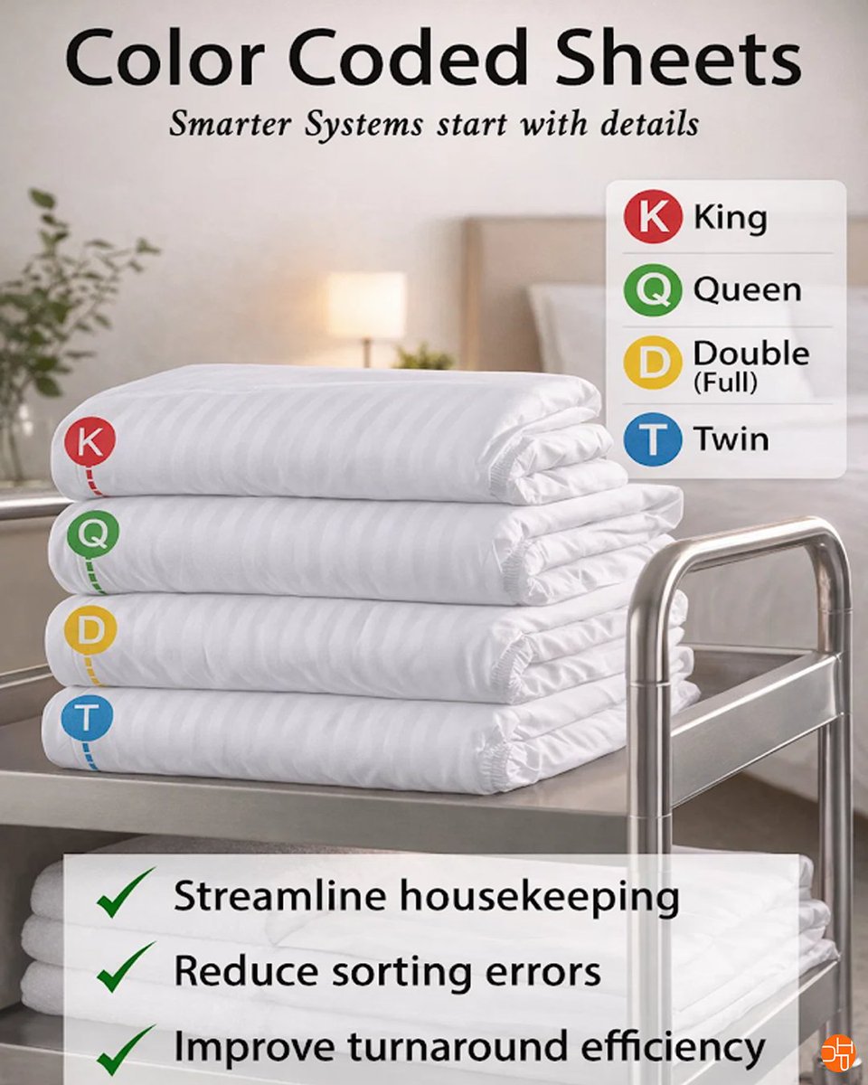 Color-coded sheets for faster turnover, cleaner organization and hotel-grade efficiency.

#ColorCodedSheets #ColorCodedLinen #HospitalityLinen #HousekeepingEfficiency #HotelOperations  #OmlandHospitality #BuiltForHospitality #HospitalitySupplies
