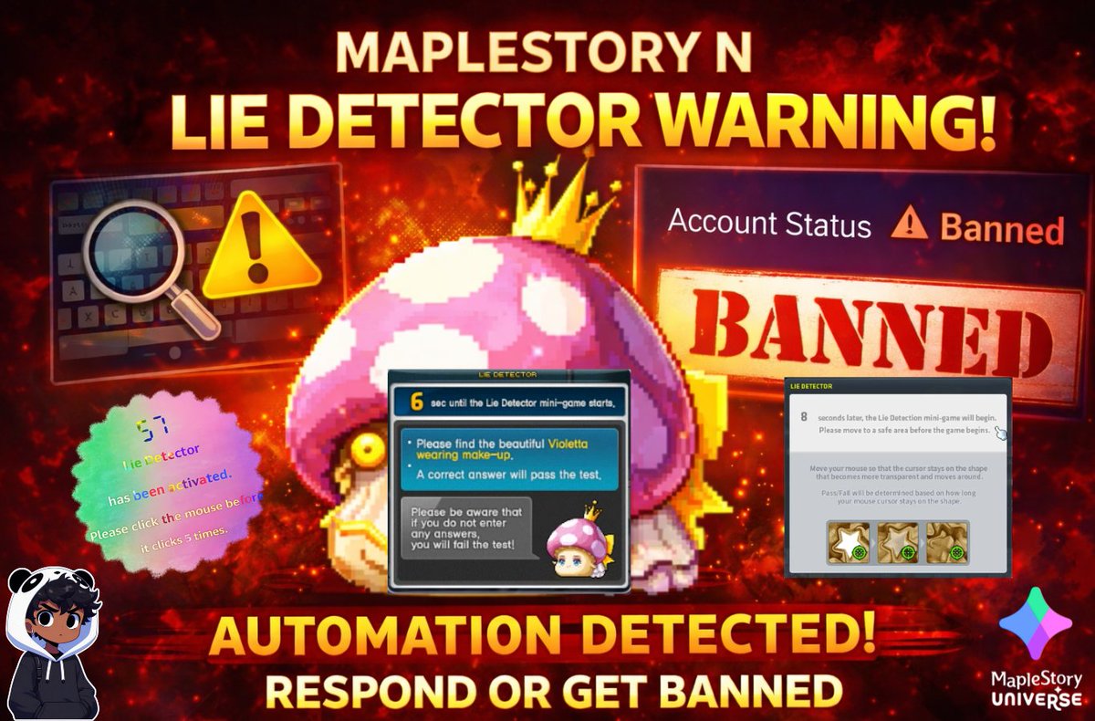 🚨MAPLE STORY U LIE DETECTOR IS NOT RANDOM.

Many bans don’t come from hacking — they come from ignoring or failing the Lie Detector. ❌

If you grind, farm, or play long sessions, this affects you.

🔍 What is the Lie Detector?

It’s an anti-bot &amp; anti-macro system designed to