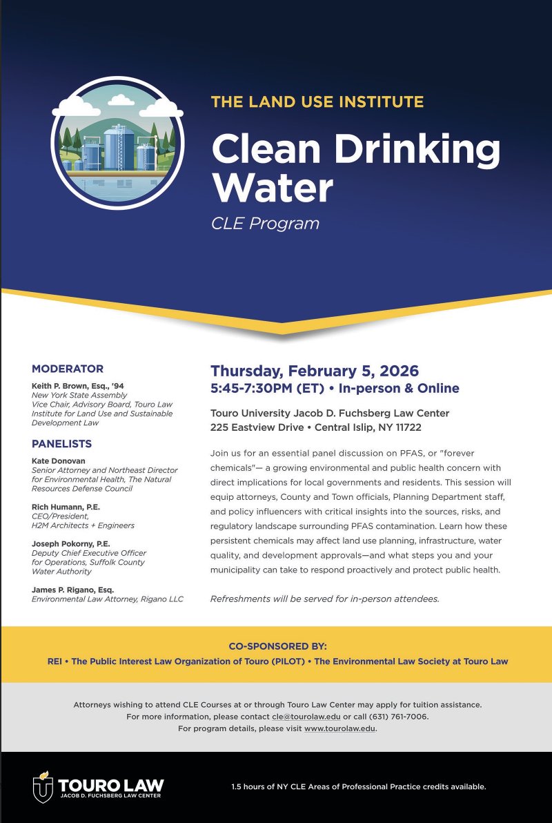 Clean drinking water is not optional, it’s essential. This CLE program will explore the legal, environmental, and public health challenges surrounding PFAS contamination, offering critical insights for attorneys, planners, and public officials working to protect communities.