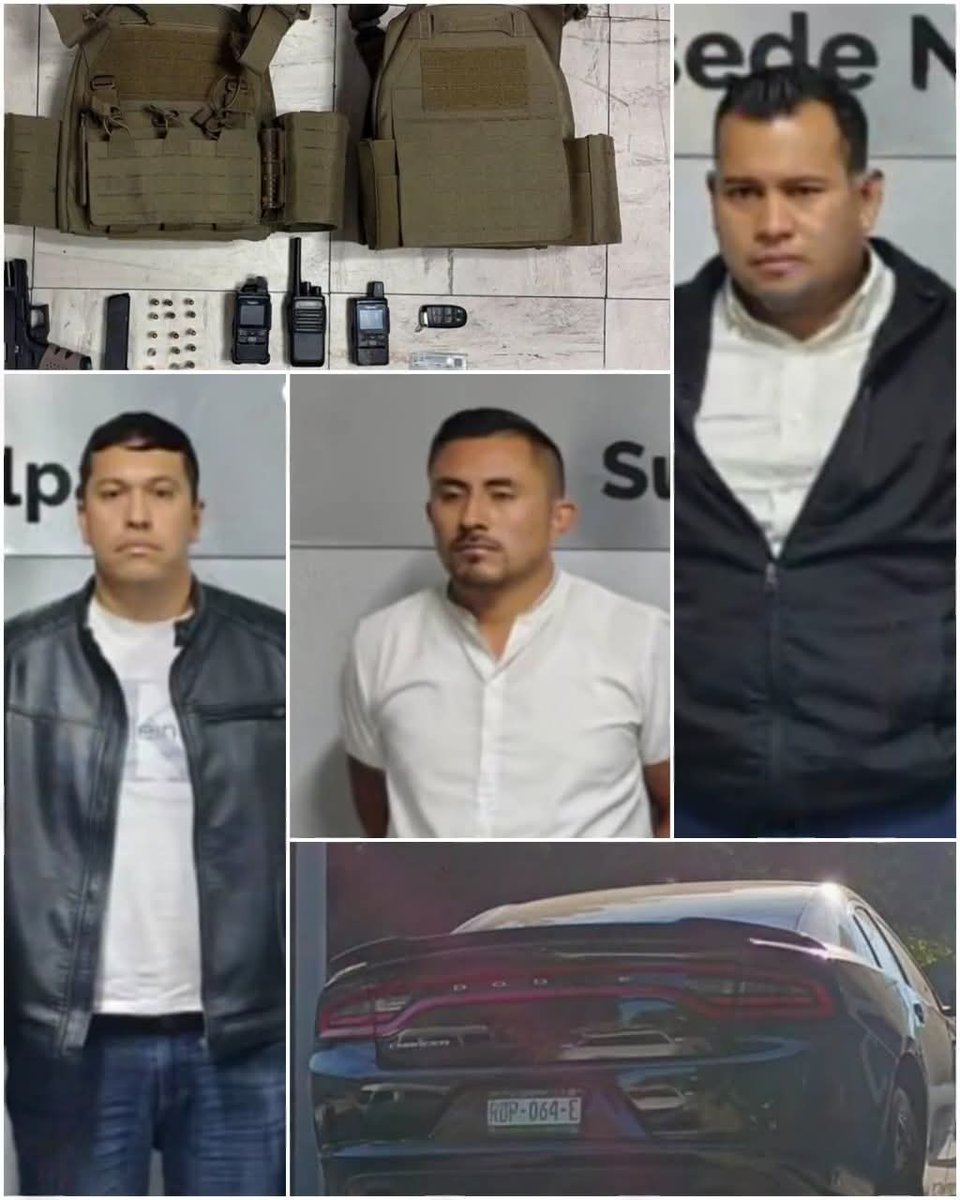 Extorsionadores disfrazados de policías.
Josafat García Tinoco, César Alvarado, de origen salvadoreño, y Jesús Becerril. Los 3 circulaban por Atizapán, Edomex  en falsa patrulla,  con armas, chalecos tácticos e identificaciones apócrifas, como si el uniforme los volviera ley.