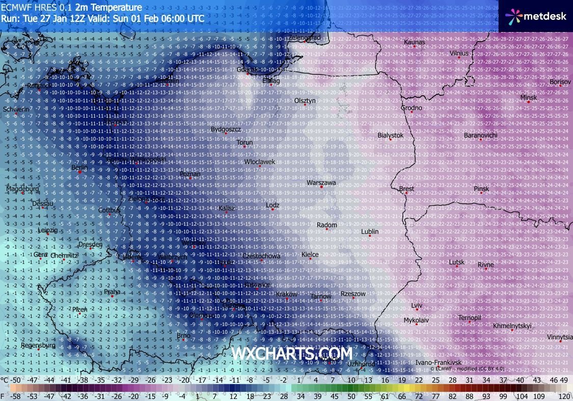 Przed nami kolejny w ostatnim czasie spływ powietrza arktycznego związany z wyżem skandynawskim. Od czwartku do poniedziałku w niemal całej Polsce wystąpi całodobowy mróz (największy na NE kraju), kulminacja ochłodzenia przypadnie zaś na niedzielny i poniedziałkowy poranek.