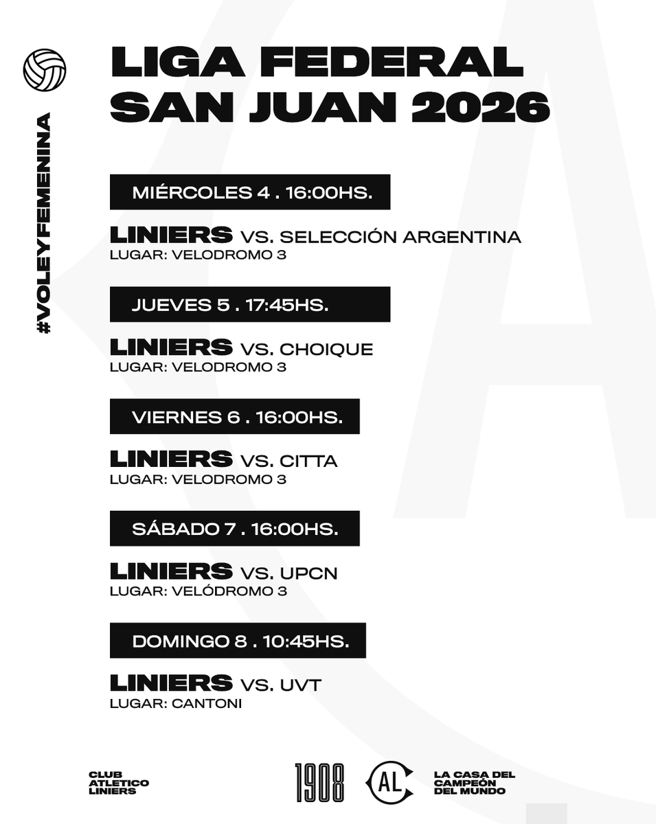 🏐#Voley #Femenino 

Liga Federal Argentina - Febrero 2026 en San Juan 

Fase Regular
Miércoles 4 16 horas vs Selección Argentina U17 en el Velódromo 3

Jueves 5 17.45 horas vs Choique de Santa Cruz en el Velódromo 3

Viernes 6 16 horas vs Citta de Santa Fe en el Velódromo 3