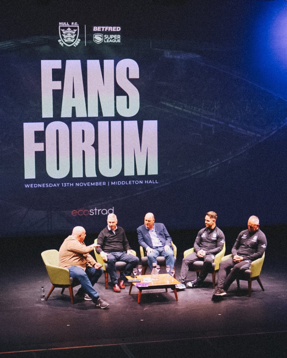 hullfcofficial's tweet image. Supporters can listen to the first section of tonight's Pre-Season Fans Forum live on @HumbersideSport from 6.00pm, hosted by Richard Stead📻

Chairman Andrew Thirkill, Chief Executive Richie Myler, Head Coach John Cartwright and Chief Operating Officer Tony Sutton will make up…