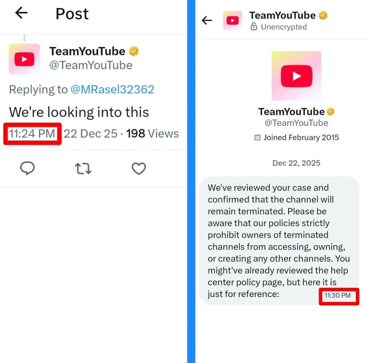 MRasel32362's tweet photo. "Hey @TeamYouTube, I have Multiple Evidence of a system error, but your automated system is auto-rejecting my appeal in seconds without letting a human see it. This is a loop error! Please let a Real person Review my case. #YouTubeBug #FixTheSystem" https://t.co/eg46b9yq2P