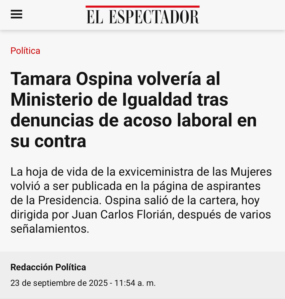 🚨ATENCIÓN🚨

Se confirma la salida de TAMARA OSPINA del Ministerio de Igualdad

La señora Ospina tiene más de 14 DENUNCIAS por acoso laboral y violencias de género y racismo y presuntamente saldría por intentar pasar sin asombro 200 contratos de prestación de servicios para