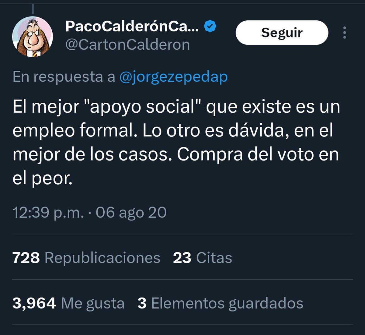 <a href="/jrsestaca/">jr sancristobal</a> El patiño resentido del malestar, siempre entiende lo que quiere...
Nadie le quita su derecho de cobrar, está en la constitución.
El asunto es la doble moral y la hipocresía donde le decía limosneros y vende votos a quienes lo reciben.
<a href="/jrsestaca/">jr sancristobal</a>
