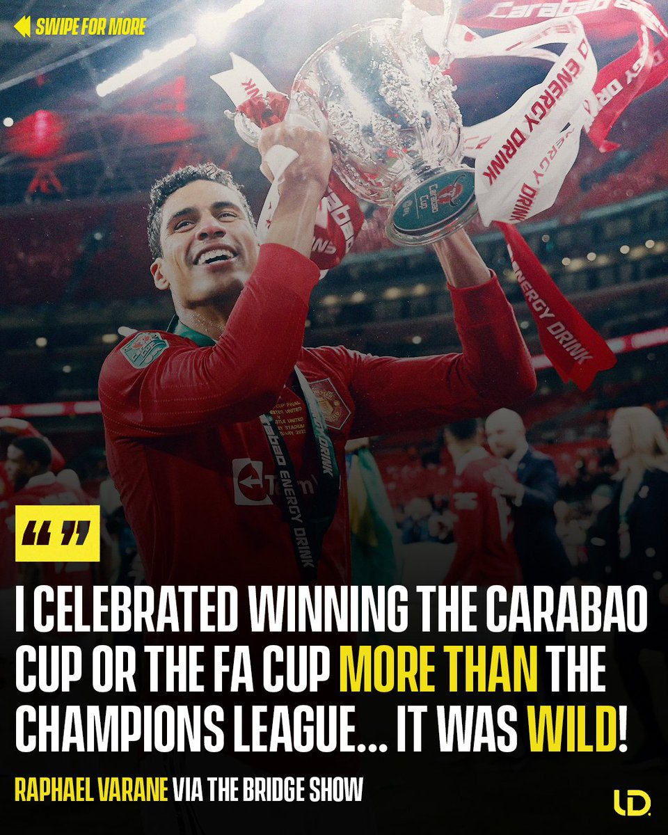 🚨🎙️ | Raphaël Varane:

"I celebrated winning the Carabao Cup or the FA Cup MORE than the Champions League... It was wild! 

"In England, and Manchester in particular, you truly feel the PASSION for football; you live it every day."