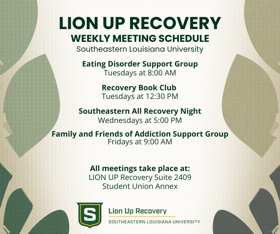 💚💛 Spring 2026 LION UP Recovery Weekly Meetings 💛💚

Open to all students, allies, and supporters
💛 Whether you’re in recovery, curious, or supporting someone you love—you belong here.
🦁 Find community. Find strength. Find recovery.

<a href="/oursoutheastern/">Southeastern LA Univ</a>