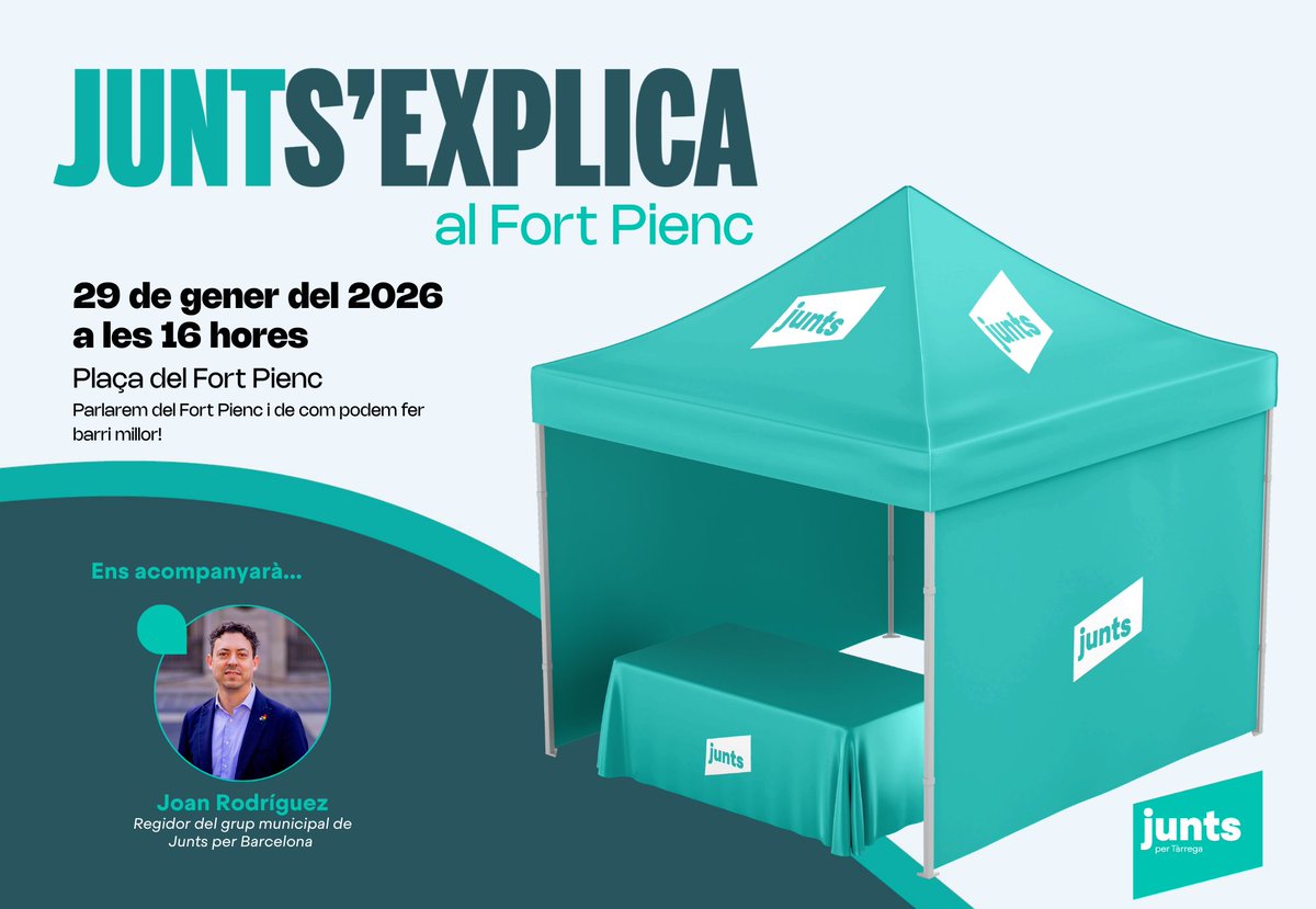 JxCatEixample's tweet photo. 🗨️#Juntsexplica al #FortPienc
🗓️Dijous 29 de gener
⏰A partir de les 16:00
📍Plaça del Fort Pienc
El grup de @junts_bcn plantarem la paradeta a la Plaça del Fort Pienc i parlarem amb els veïns i veïnes de com fer un barri millor. Ens acompanyarà el regidor @joanrportell https://t.co/lgYfV4iKVH