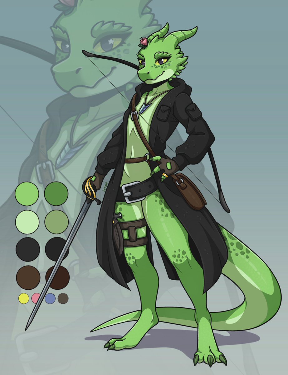Kobold Meral- Commission for <a href="/Meral_Fleetfoot/">Meral 💚</a> 

Meet Meral, a kobold who clearly knows the value of a good aesthetic and a sharp blade. You’d better hope you’re on her side when the initiative rolls start!

#furry #anthro #CharacterDesign #kobold