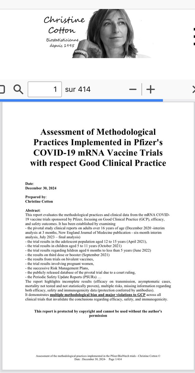 StatChrisCotton's tweet image. Friends, I'm sharing with you the latest version of my report on Pfizer's clinical trials for its COVID vaccine.
This document has been used in complaints against French health authorities, a legal action for abuse of power against the ANSM (French National Agency for Medicines…