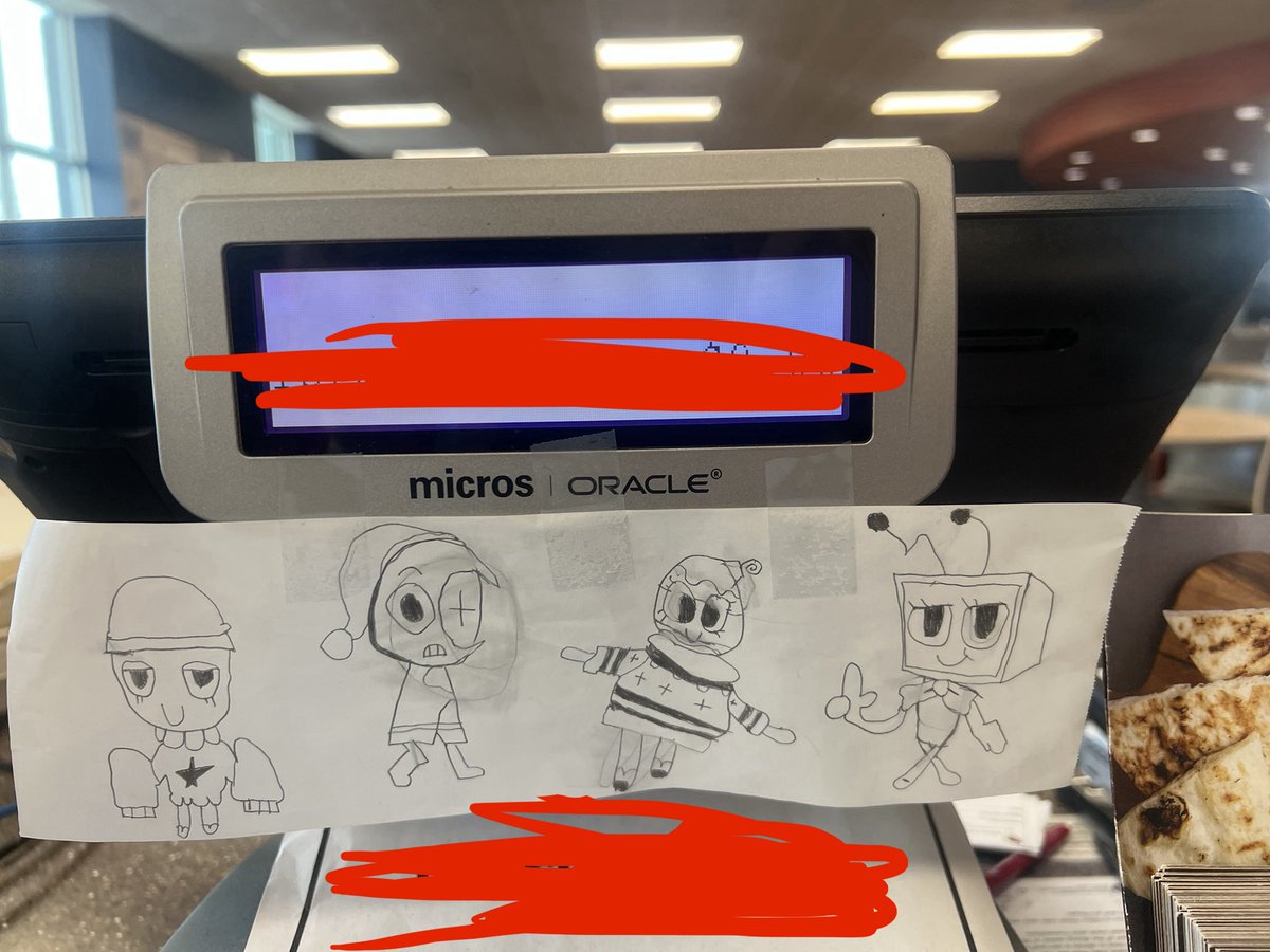 I drew some Dandy’s World characters at my job with references and put them on the cash register out of boredom and to have a little fun earlier last week. Despite being told that it’d get taken down, I was delightfully surprised to see it still there!