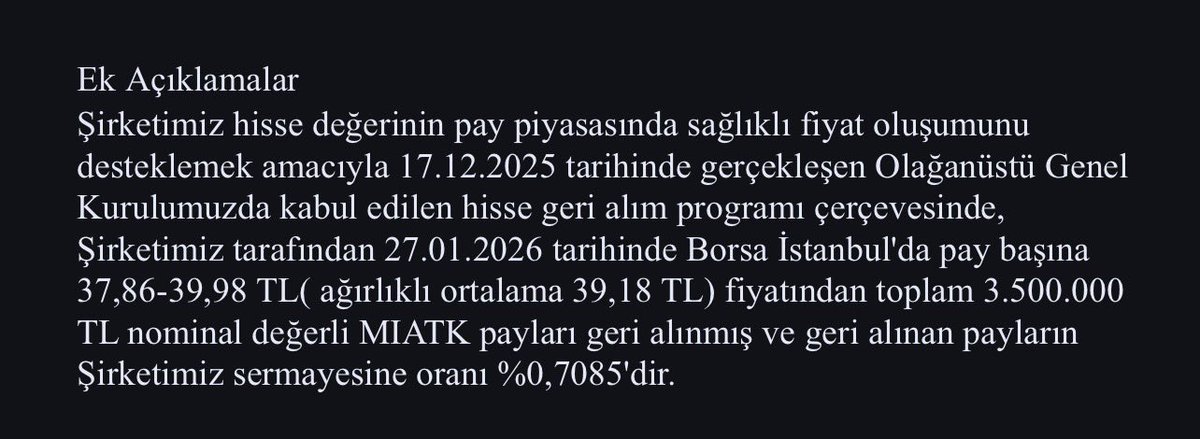 #miatk
26.01 yani dün aldığı 3,5m lotun maliyeti 36,14. Fakat geri alım kapını bugün almış gibi atıyor ve ortalama 39,18 diyor. Bizimle dalga mı geçiyorsunuz neye göre o alım lotlarını o fiyat marjlarıyla kap attınız. Bu gün aldığınız var sayalm 12 13 kurumdan mal mı aldınız?