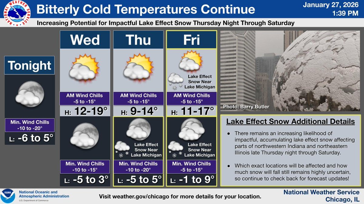 NWSChicago's tweet image. Bitterly cold weather persists this week, with early morning wind chills approaching -15 to -20 F at times. There also remains an increasing potential for impactful lake effect snow affecting part of the area in the Thursday night through Saturday time frame. #ILwx #INwx