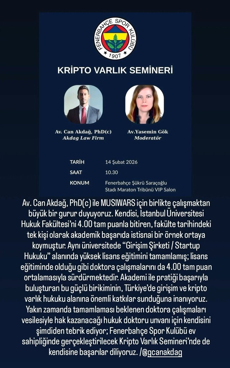 Kripto varlıklar yalnızca teknoloji değil, aynı zamanda bir hukuk meselesi. Fenerbahçe Spor Kulübü ev sahipliğinde Av. Can Akdağ, PhD(c) ile Kripto Varlık Semineri.
#KriptoHukuku #BlockchainLaw #Fenerbahçe