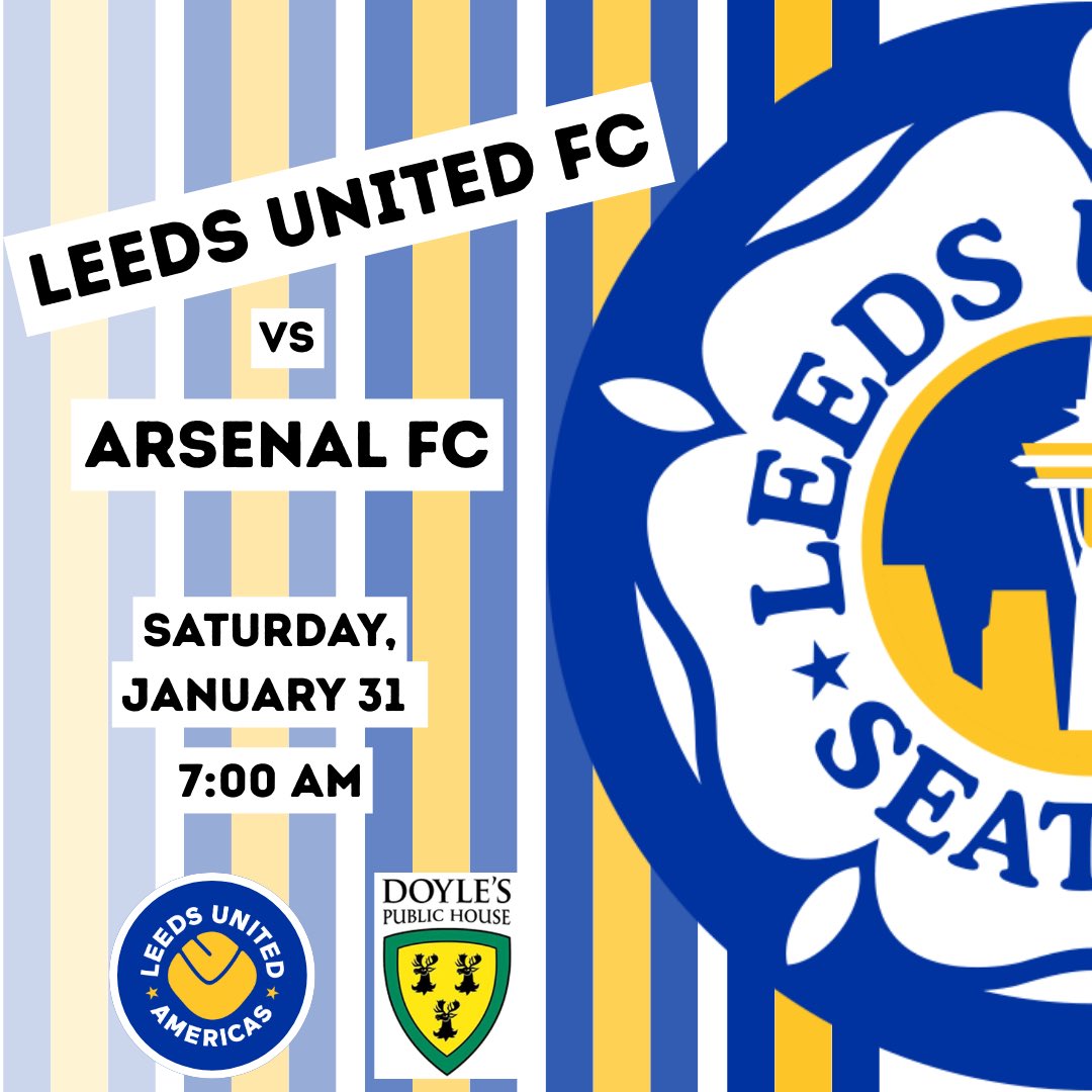 LUFCSeattle's tweet image. Join us this weekend for Leeds United vs Arsenal- where the mighty come to test themselves against the relentless, and where anything is possible for 90 minutes.

📍@DoylesPub 
📅 Saturday, January 31
⏰ 7:00 am
🍻21+

#LUFC #ALAW #MOT