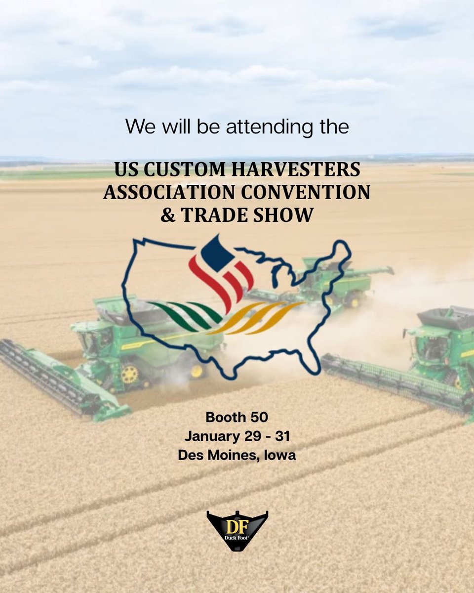 duckfootparts's tweet photo. We are headed to Des Moines, Iowa to attend the US Custom Harvesters Convention from January 29 - 31 in Booth 50.
We look forward to meeting more of our American customers and sharing how Duck Foot Parts can improve your harvest.
#uscustomharvesters #uschi #duckfootparts https://t.co/tGSe7OpfQl