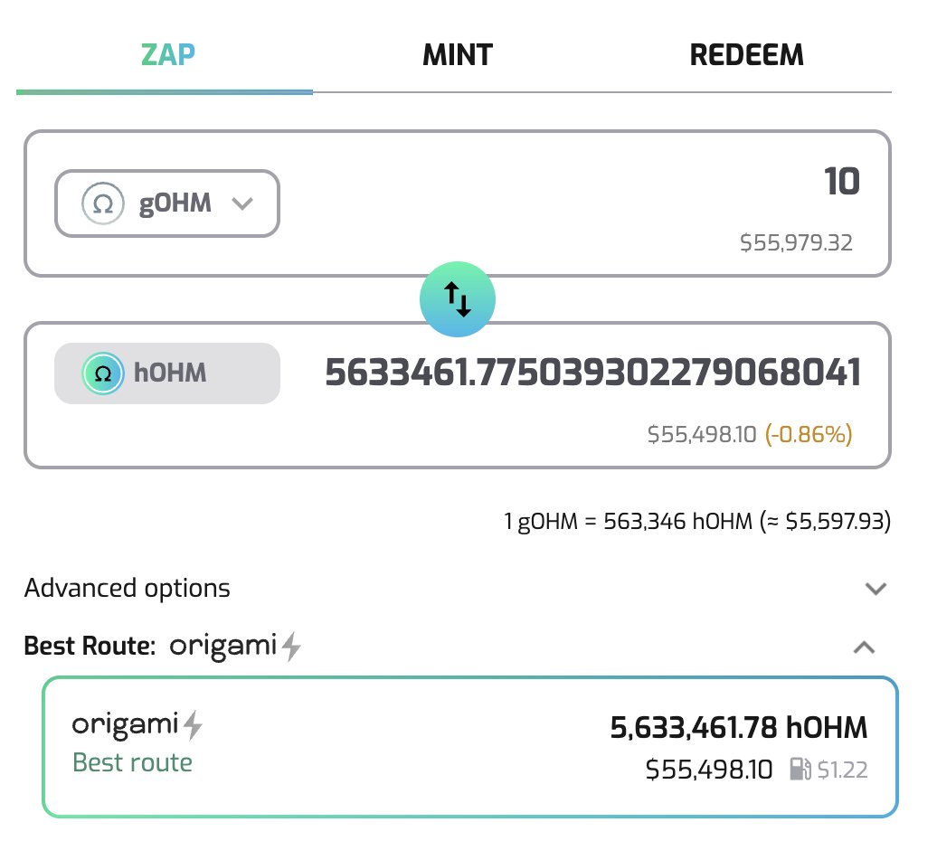 Our most requested feature since inception is now live:

Single-tx entry and exit for hOHM! 🏛️

>No more minting then swapping excess USDS

>No more slowly accumulating via LP

Origami Zaps take care of the entire flow for best possible execution⚡️

A major leap in Zaps tech!👇