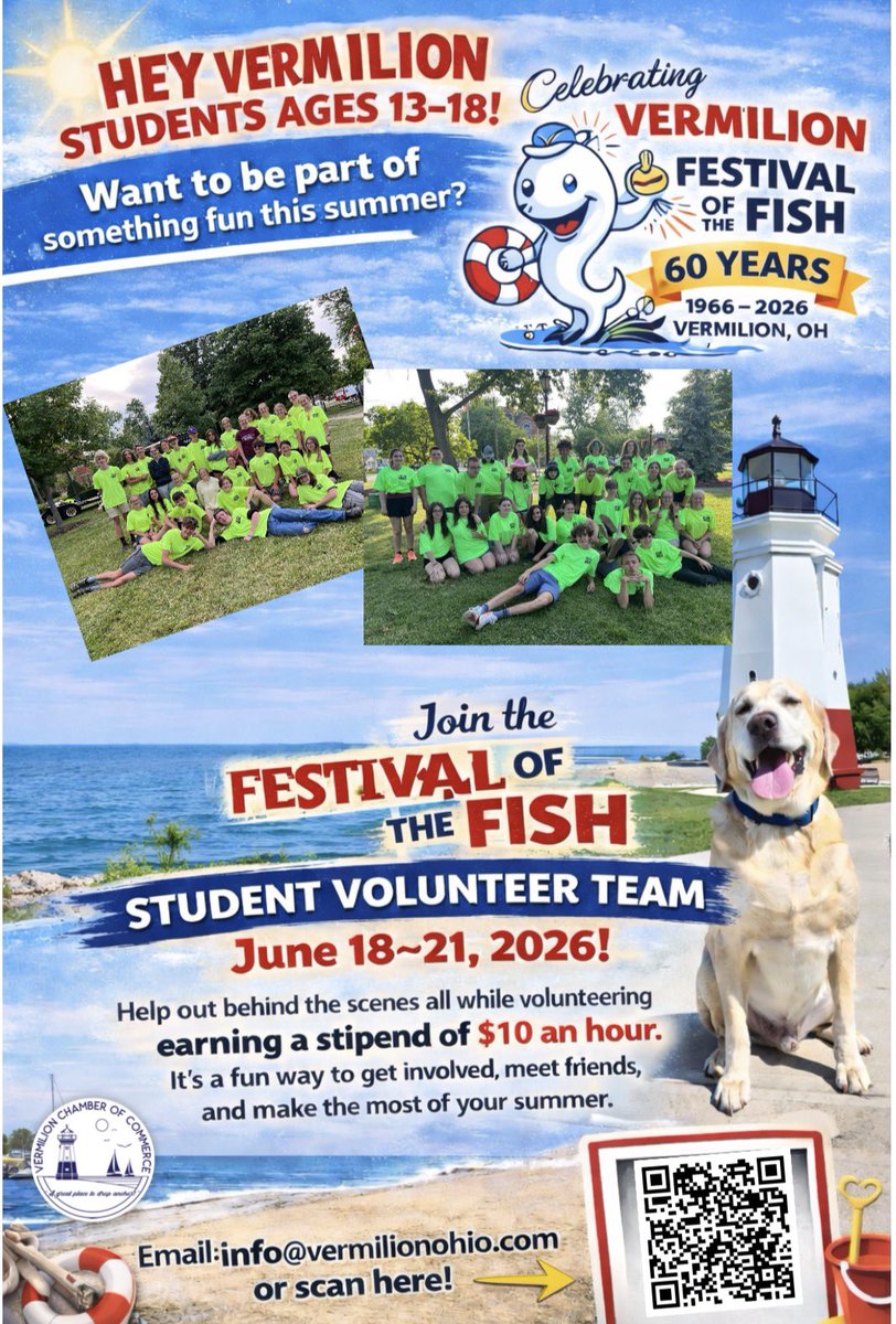Vermilion Students ages 13–18…join the 60th Festival of the Fish Student Volunteer Team (June 18–21)! 🎣 click on the link to register
members.vermilionohio.com/ap/Events/Regi…