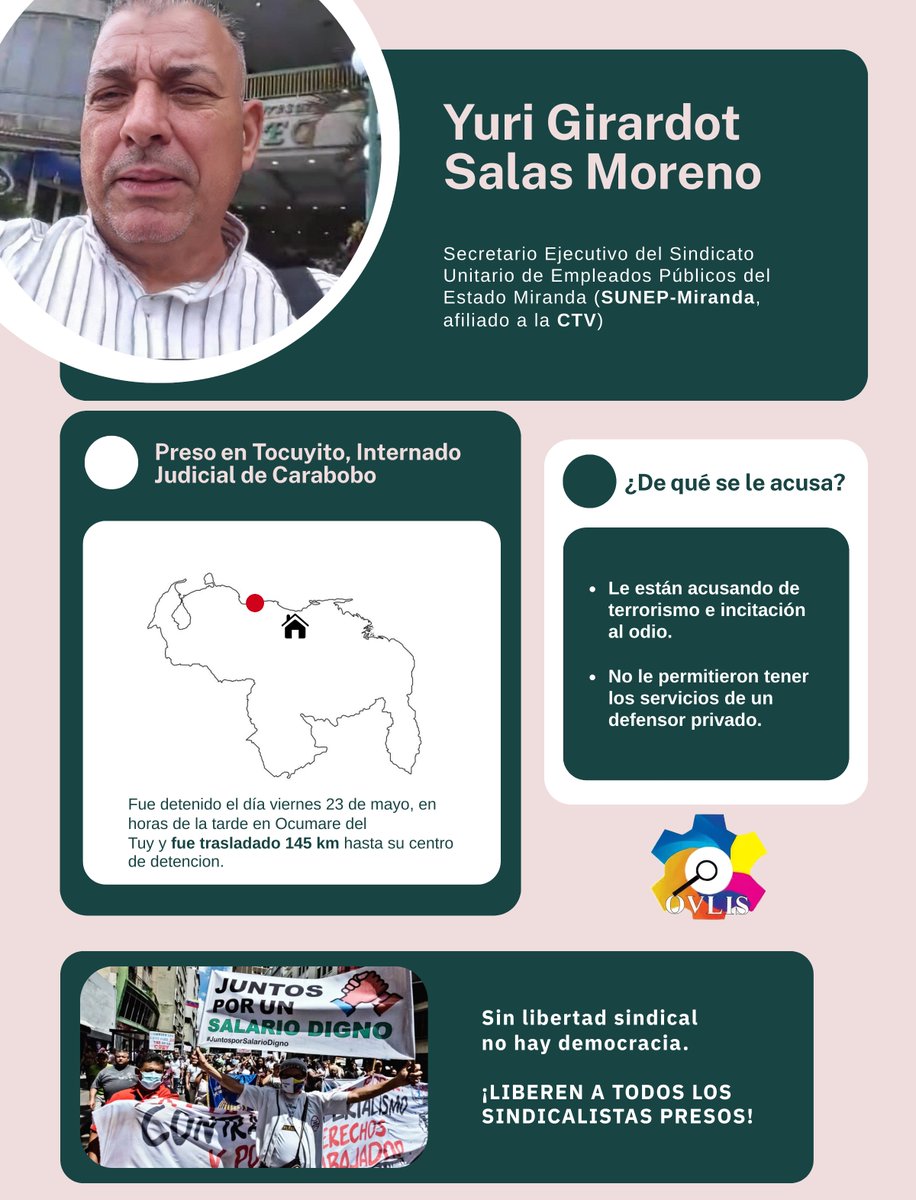 El compañero Yuri cumplió años el 25 de enero en prisión. Esperamos que el próximo sea en libertad plena
#Liberenalossindicalistas
@iloactrav
<a href="/RafaelFreireCSA/">Rafael Freire Neto</a>
<a href="/luc_triangle/">Luc Triangle</a>
<a href="/TarekWiliamSaab/">Tarek William Saab</a>
<a href="/delcyrodriguezv/">Delcy Rodríguez</a>
<a href="/oliverroepke/">Oliver Röpke</a>