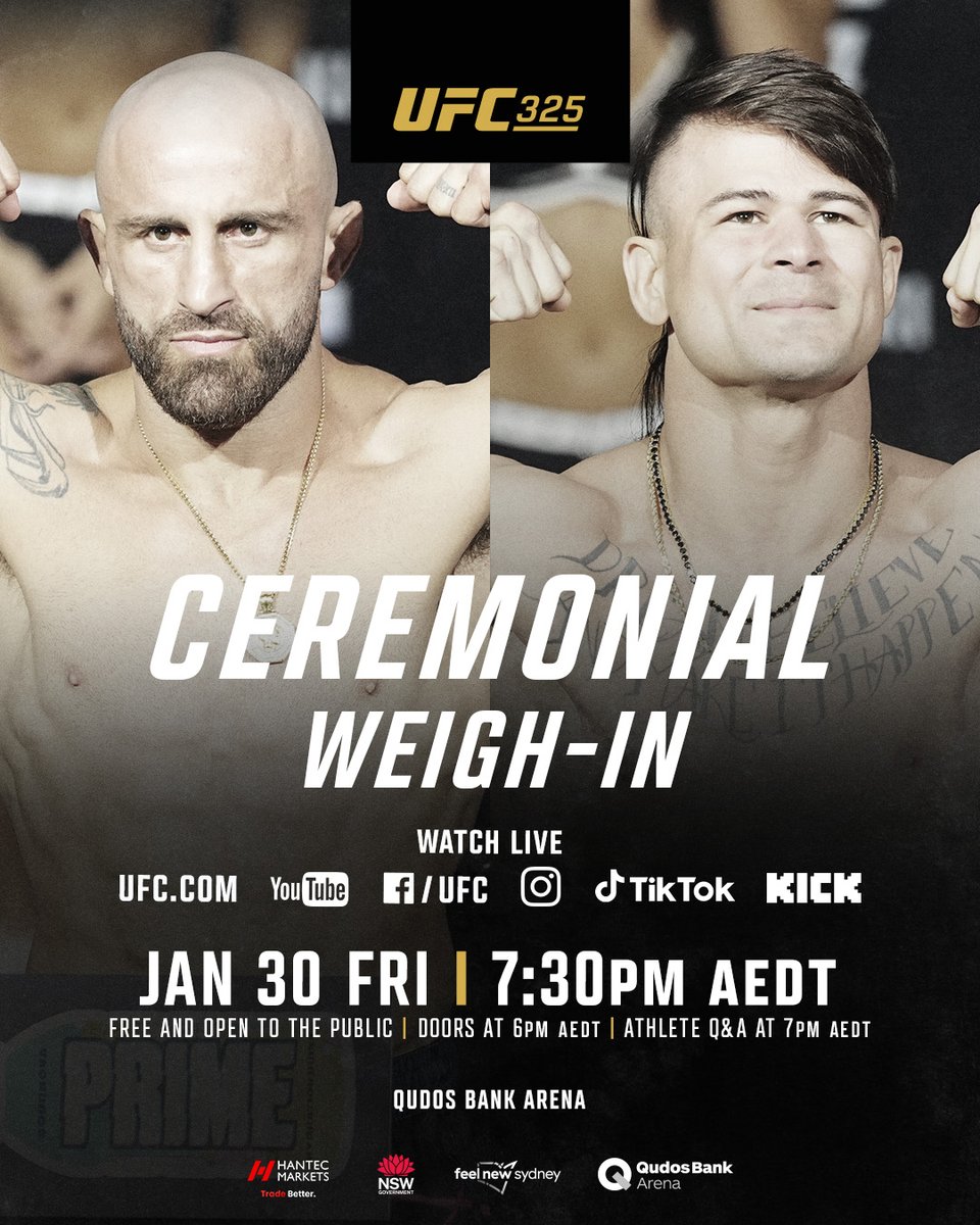 UFC_AUSNZ's tweet photo. Two FREE events back-to-back!
You don't want to miss the #UFC325 Q&A and Ceremonial Weigh-In 👊
#FeelNewSydney | #ILoveSydney https://t.co/WI0LZlwpKz