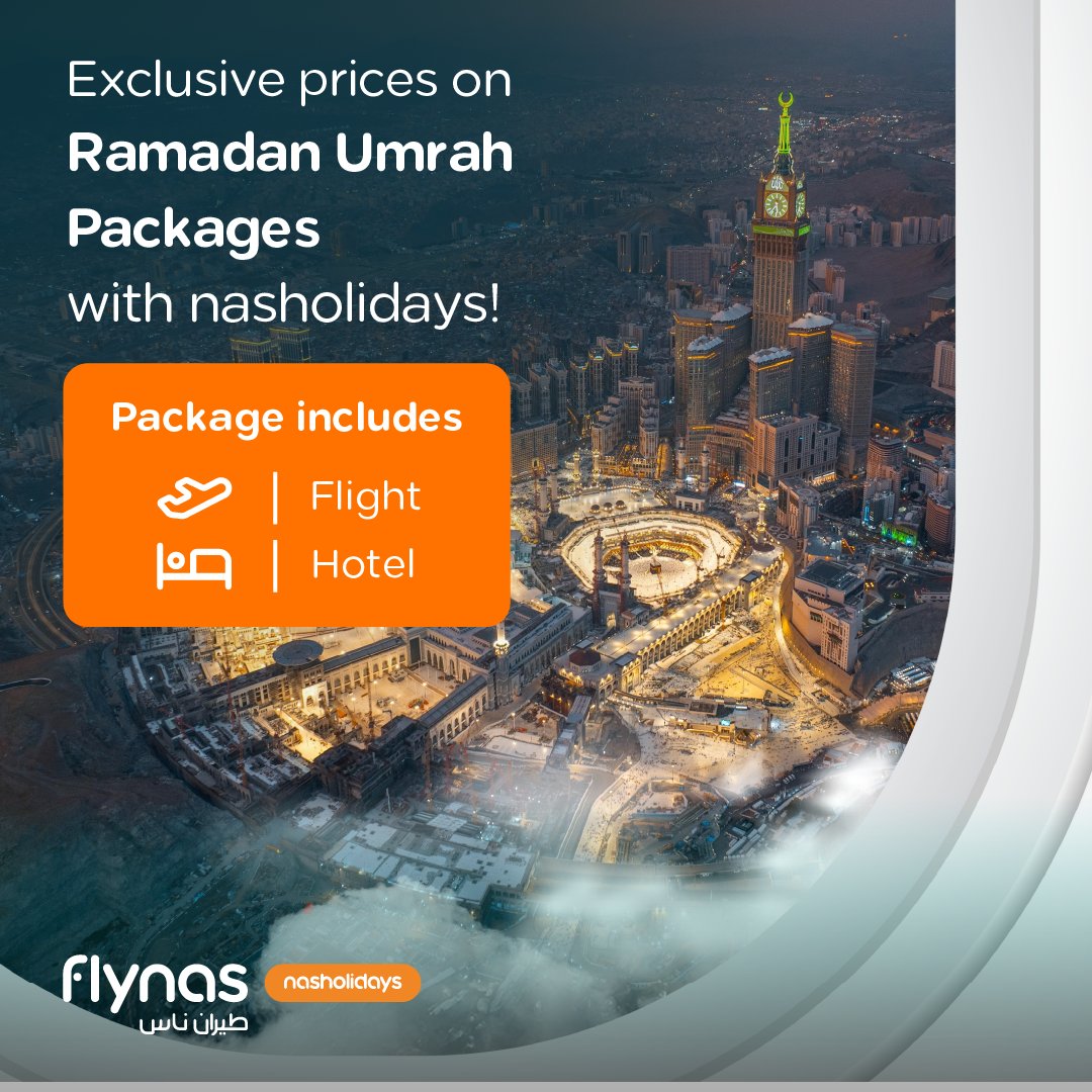 flynas's tweet photo. Experience the true essence of Ramadan 🌙✨
Book your Umrah package 🕋 and enjoy unbeatable deals 💼💰 on Makkah and Madinah trips with nasholidays!
#SaveAndTravel ✈️

https://t.co/C2JpU2Z0yz https://t.co/pdaCQUV7us