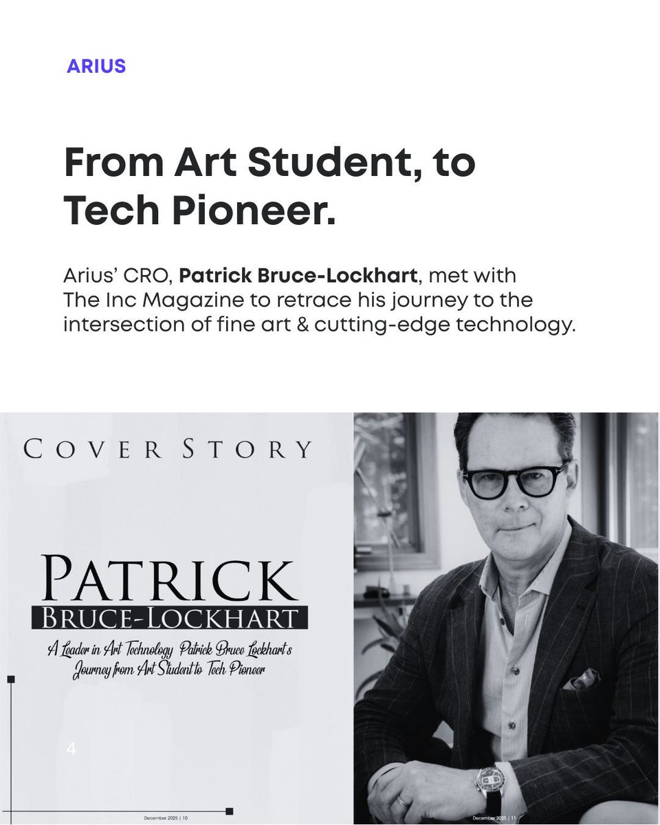 From art student, to tech pioneer. Arius CRO, Patrick Bruce-Lockhart, is featured in <a href="/TheIncMagazine/">The Inc Magazine</a>, retracing his journey from art student to art-tech leader.

Discover how Arius is reshaping trust, transparency &amp; innovation in the global art market.

🔗 ariustechnology.com/post/a-leader-…