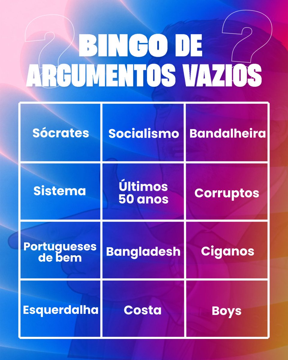 🤷🏻‍♂️ Fossem 1, 2, 20 detabes, os argumentos de André Ventura são sempre os mesmos… vazios e sem direção. Faz o bingo connosco!