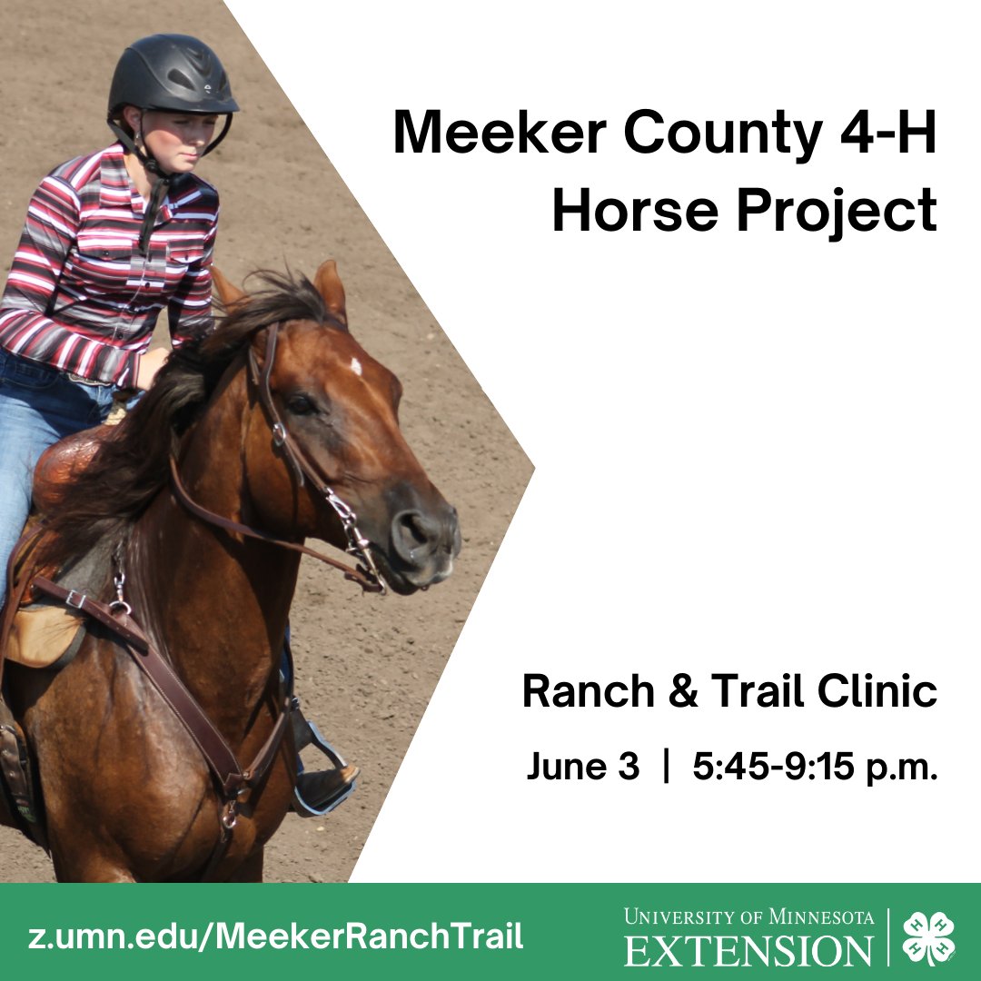 Meeker4H's tweet photo. Meeker County 4-H Horse Project is planning for summer clinics! Join us for a Ranch &amp; Trail Clinic on June 3 from 5:45-9:15 p.m. Details at https://t.co/QVbL4kYyL4.
#Meeker4H #4HHorse https://t.co/RNFkE330hm