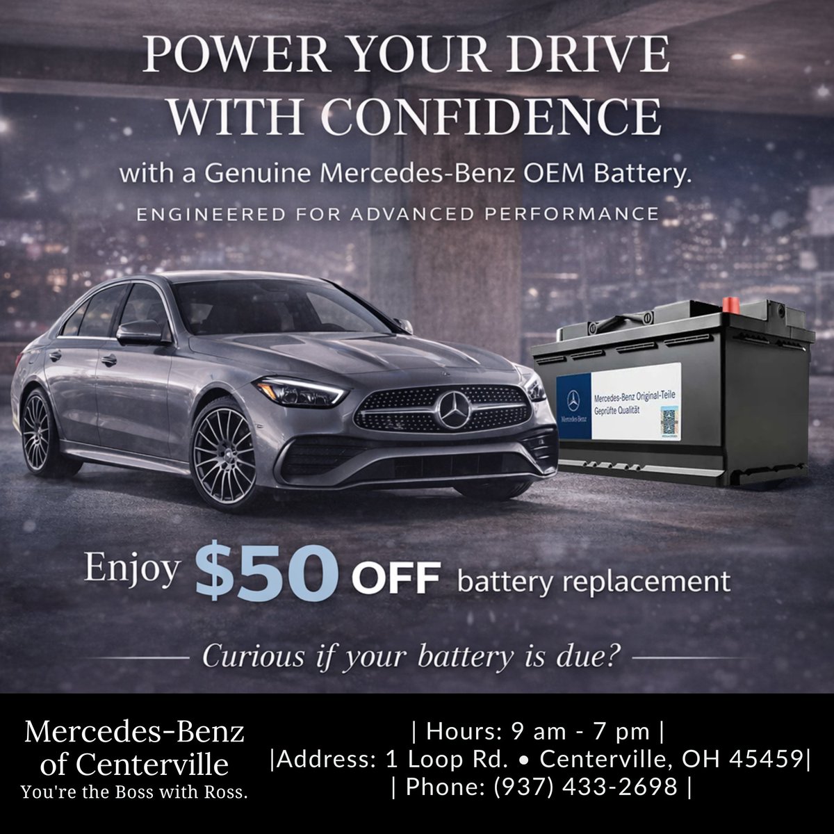 BobRossAuto's tweet image. Get $50 OFF battery replacement at Mercedes-Benz of Centerville! Schedule your appointment today ➡️ ow.ly/b6tc50Y4pag #MercedesBenz #Centerville #BatteryReplacement #CertifiedService
