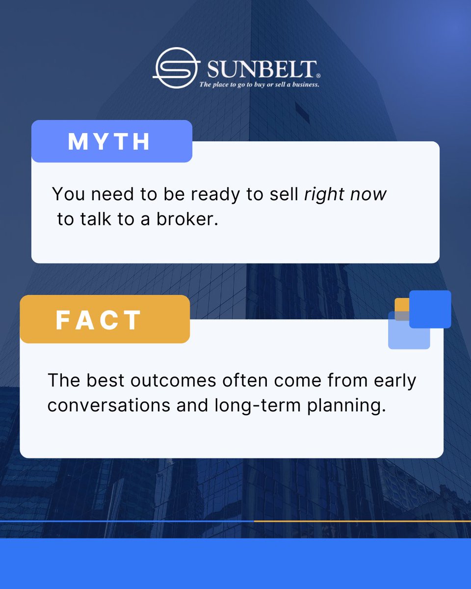 You don’t need to be ready to immediately sell your business to start planning for it. Early conversations can make all the difference when the time is right. 

Let’s start the conversation: sunbeltnetwork.com/locations/ 

#SellYourBusiness #SunbeltBusinessBrokers #ExitPlanning