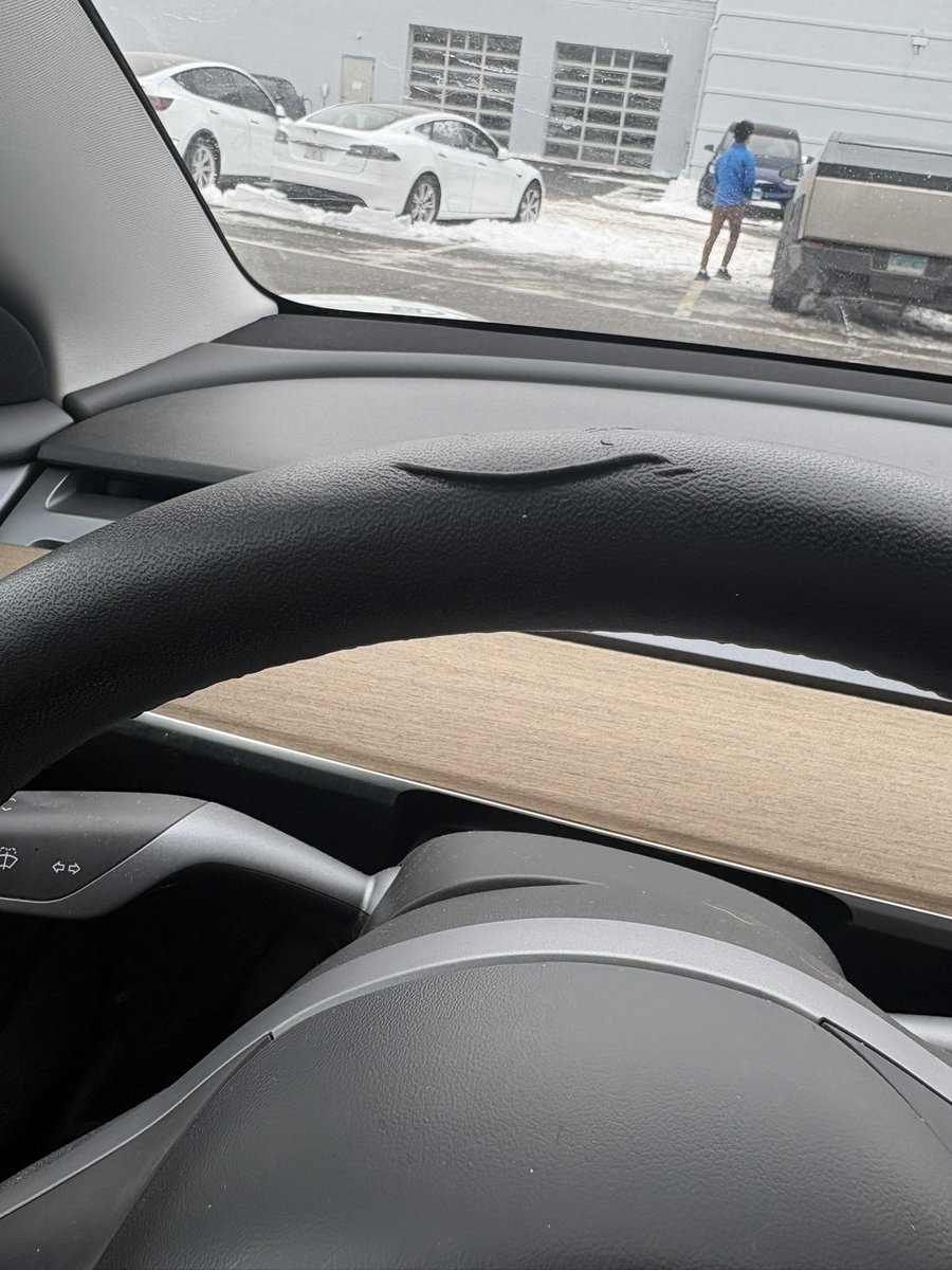 Frickalis's tweet photo. @Tesla Y’all can replace it if the 9 and 3 vegan lifts, but not the top because, “it’s a common rest point”. Isn’t 9 and 3 common also? 🧐 https://t.co/Rpd0Sygf2B